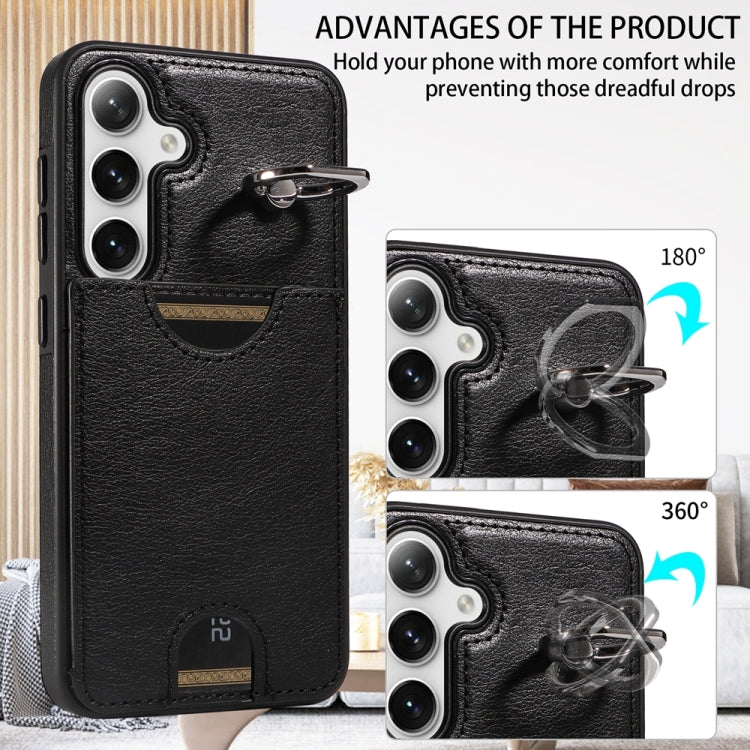 For Samsung Galaxy S24 5G Calf Texture Card Slot Ring Holder Phone Case(Black) - Galaxy S24 5G Cases by PMC TechLife | Online Shopping South Africa | PMC TechLife