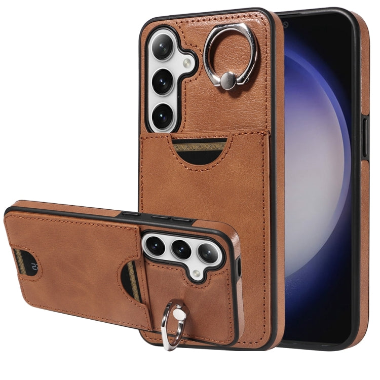 For Samsung Galaxy S24 5G Calf Texture Card Slot Ring Holder Phone Case(Brown) - Galaxy S24 5G Cases by PMC TechLife | Online Shopping South Africa | PMC TechLife
