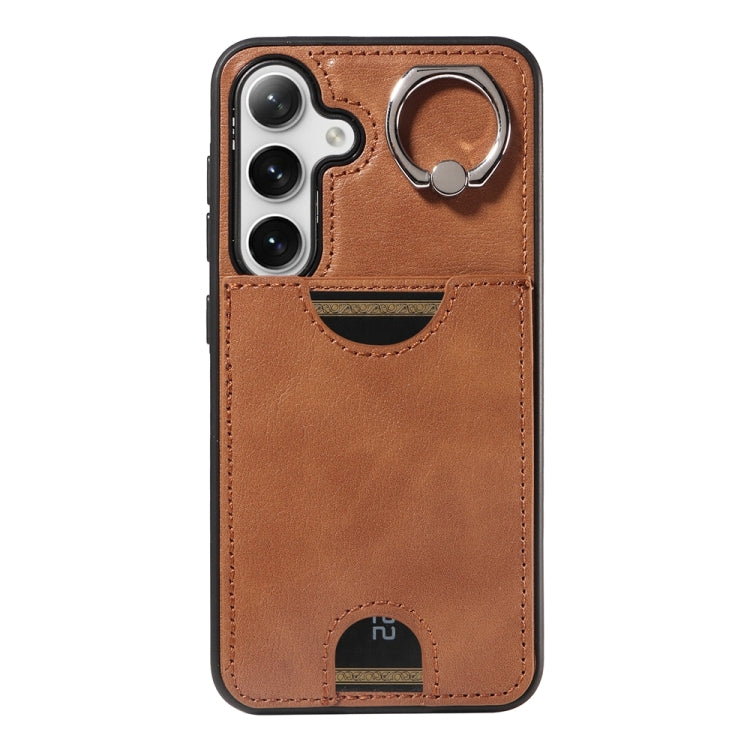 For Samsung Galaxy S24 5G Calf Texture Card Slot Ring Holder Phone Case(Brown) - Galaxy S24 5G Cases by PMC TechLife | Online Shopping South Africa | PMC TechLife