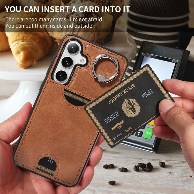 For Samsung Galaxy S24 5G Calf Texture Card Slot Ring Holder Phone Case(Brown) - Galaxy S24 5G Cases by PMC TechLife | Online Shopping South Africa | PMC TechLife