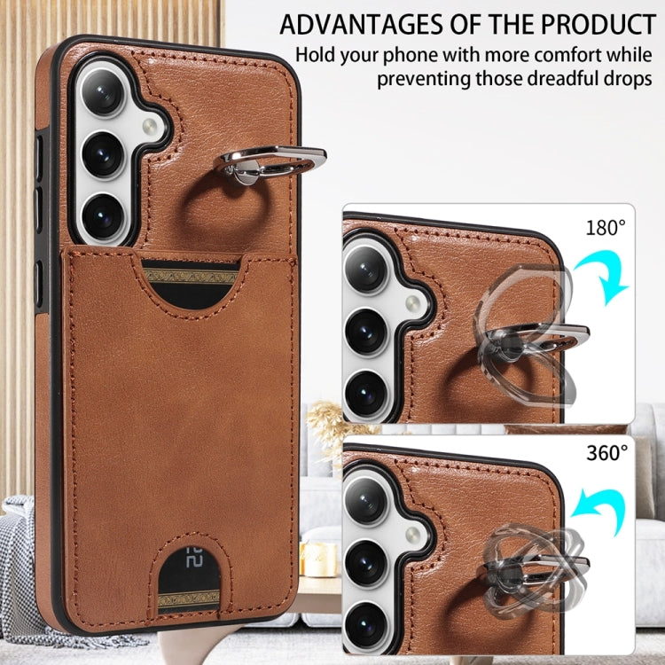 For Samsung Galaxy S24 5G Calf Texture Card Slot Ring Holder Phone Case(Brown) - Galaxy S24 5G Cases by PMC TechLife | Online Shopping South Africa | PMC TechLife