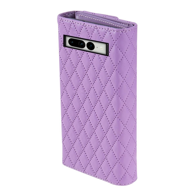 For Google Pixel 7a Zipper Multi-Card Wallet Rhombic Leather Phone Case(Purple)