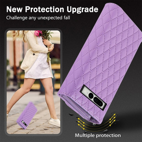 For Google Pixel 6 Pro Zipper Multi-Card Wallet Rhombic Leather Phone Case(Purple)