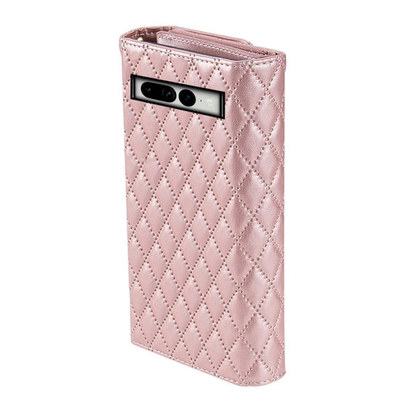 For Google Pixel 6 Pro Zipper Multi-Card Wallet Rhombic Leather Phone Case(Rose Gold)