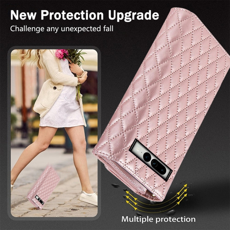 For Google Pixel 6 Pro Zipper Multi-Card Wallet Rhombic Leather Phone Case(Rose Gold)