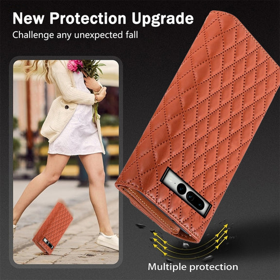 For Google Pixel 6 Pro Zipper Multi-Card Wallet Rhombic Leather Phone Case(Brown)
