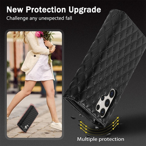 For Samsung Galaxy S24 Ultra 5G Zipper Multi-Card Wallet Rhombic Leather Phone Case(Black)