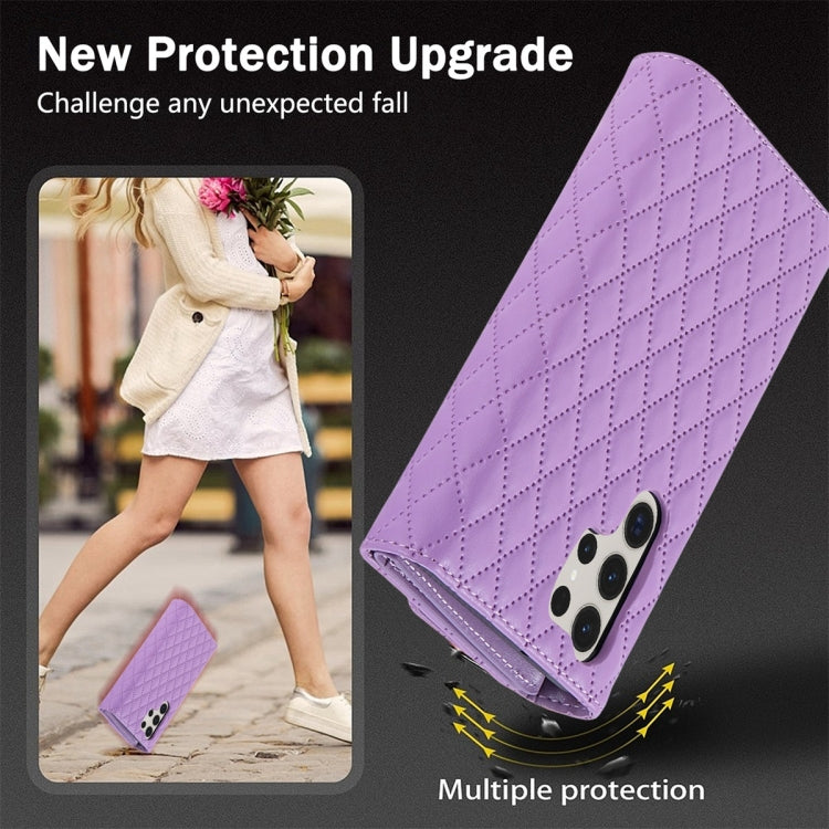 For Samsung Galaxy S24 Ultra 5G Zipper Multi-Card Wallet Rhombic Leather Phone Case(Purple)