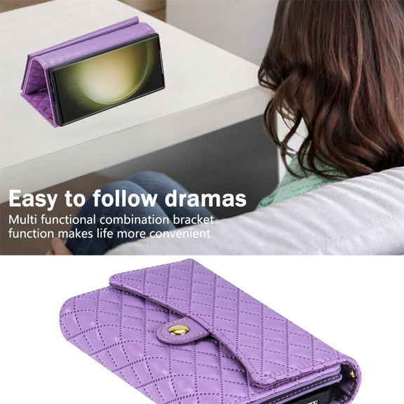 For Samsung Galaxy S24 Ultra 5G Zipper Multi-Card Wallet Rhombic Leather Phone Case(Purple)