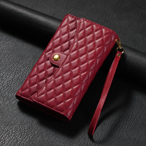 For Samsung Galaxy S24 Ultra 5G Zipper Multi-Card Wallet Rhombic Leather Phone Case(Red)