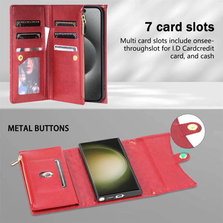 For Samsung Galaxy S24 Ultra 5G Zipper Multi-Card Wallet Rhombic Leather Phone Case(Red)