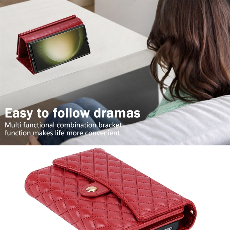 For Samsung Galaxy S24 Ultra 5G Zipper Multi-Card Wallet Rhombic Leather Phone Case(Red)