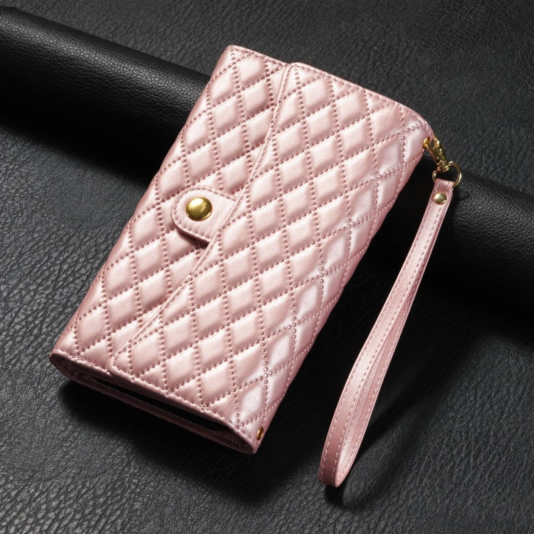 For Samsung Galaxy S24 Ultra 5G Zipper Multi-Card Wallet Rhombic Leather Phone Case(Rose Gold)