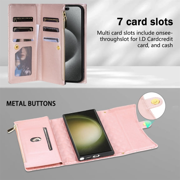 For Samsung Galaxy S24 Ultra 5G Zipper Multi-Card Wallet Rhombic Leather Phone Case(Rose Gold)
