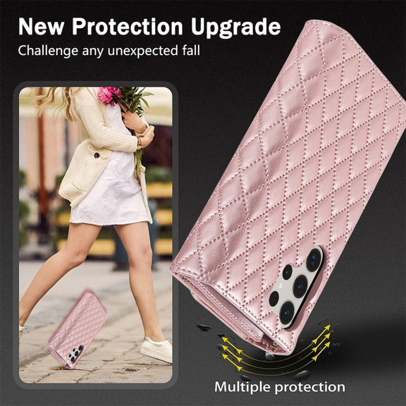 For Samsung Galaxy S24 Ultra 5G Zipper Multi-Card Wallet Rhombic Leather Phone Case(Rose Gold)