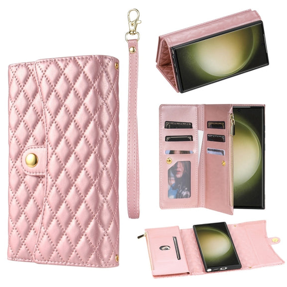 For Samsung Galaxy S24 Ultra 5G Zipper Multi-Card Wallet Rhombic Leather Phone Case(Rose Gold)