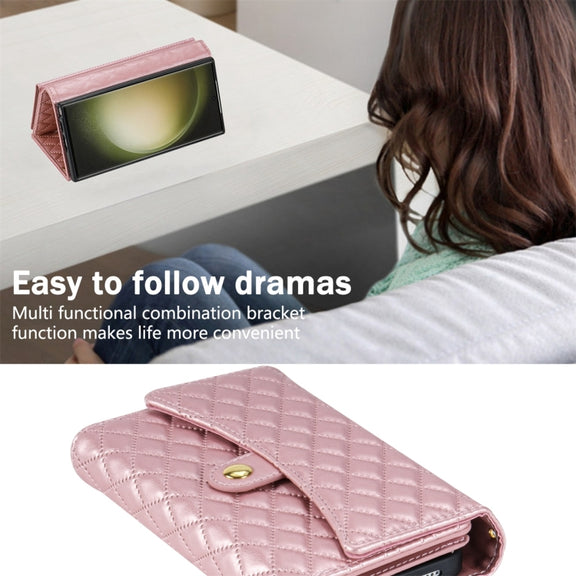 For Samsung Galaxy S24 Ultra 5G Zipper Multi-Card Wallet Rhombic Leather Phone Case(Rose Gold)