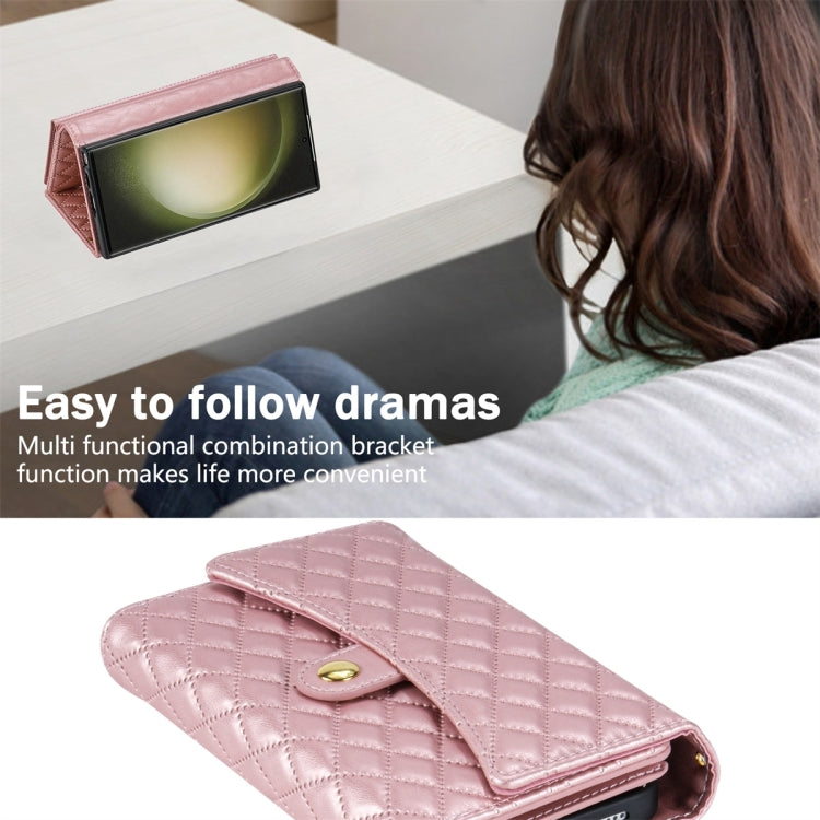 For Samsung Galaxy S24 Ultra 5G Zipper Multi-Card Wallet Rhombic Leather Phone Case(Rose Gold)