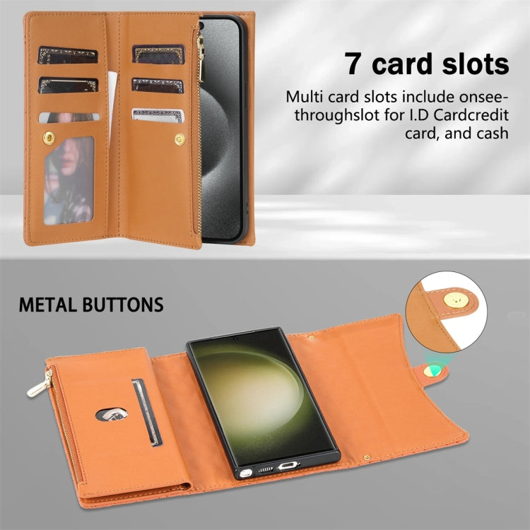 For Samsung Galaxy S24 Ultra 5G Zipper Multi-Card Wallet Rhombic Leather Phone Case(Brown)