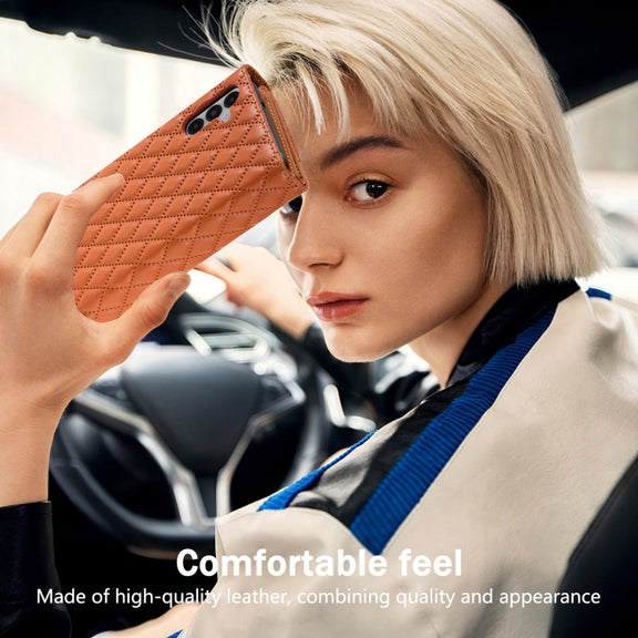 For Samsung Galaxy S24+ 5G Zipper Multi-Card Wallet Rhombic Leather Phone Case(Brown)
