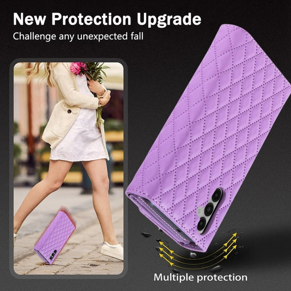 For Samsung Galaxy S24 5G Zipper Multi-Card Wallet Rhombic Leather Phone Case(Purple)
