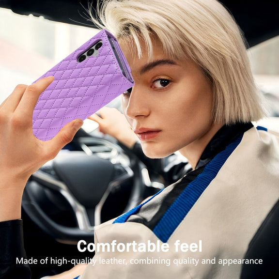 For Samsung Galaxy S24 5G Zipper Multi-Card Wallet Rhombic Leather Phone Case(Purple)