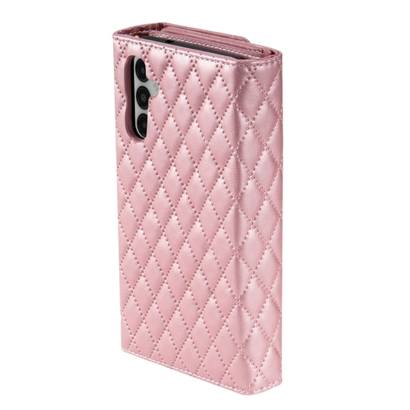 For Samsung Galaxy S24 5G Zipper Multi-Card Wallet Rhombic Leather Phone Case(Rose Gold)