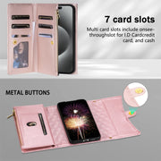 For Samsung Galaxy S24 5G Zipper Multi-Card Wallet Rhombic Leather Phone Case(Rose Gold)