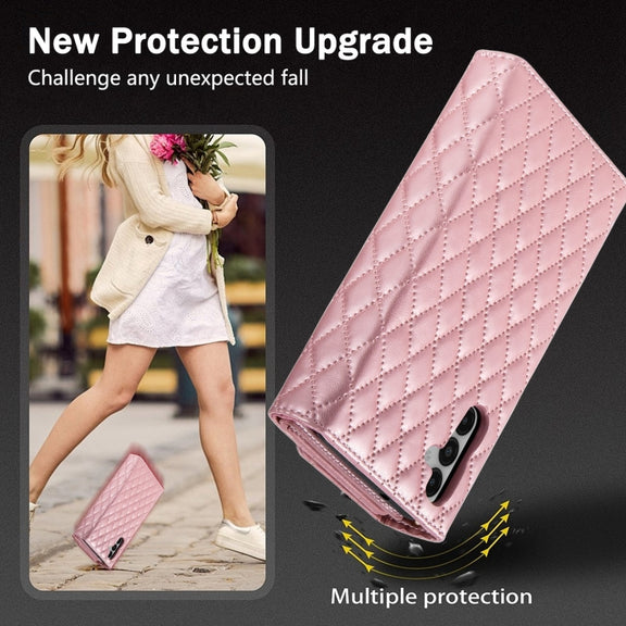 For Samsung Galaxy S24 5G Zipper Multi-Card Wallet Rhombic Leather Phone Case(Rose Gold)