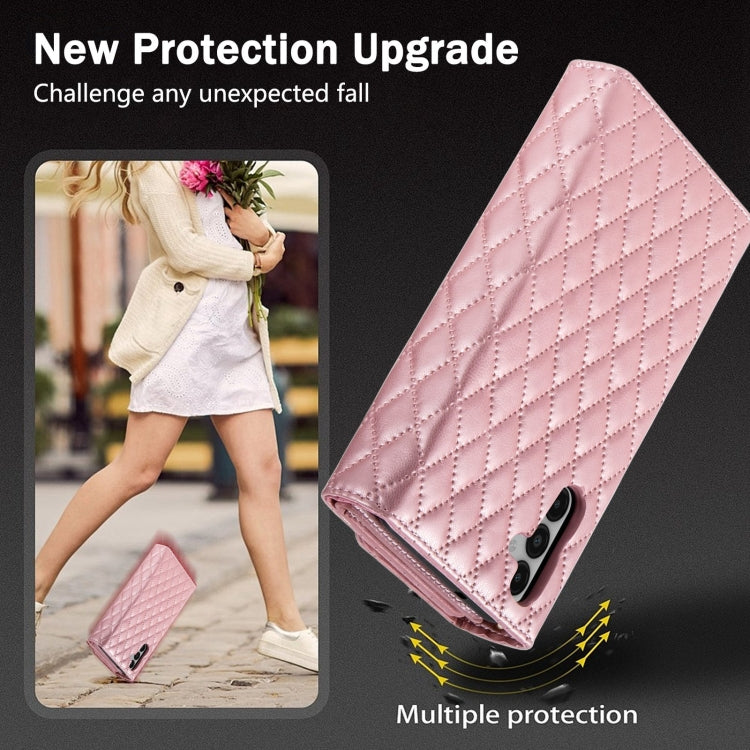 For Samsung Galaxy S24 5G Zipper Multi-Card Wallet Rhombic Leather Phone Case(Rose Gold)