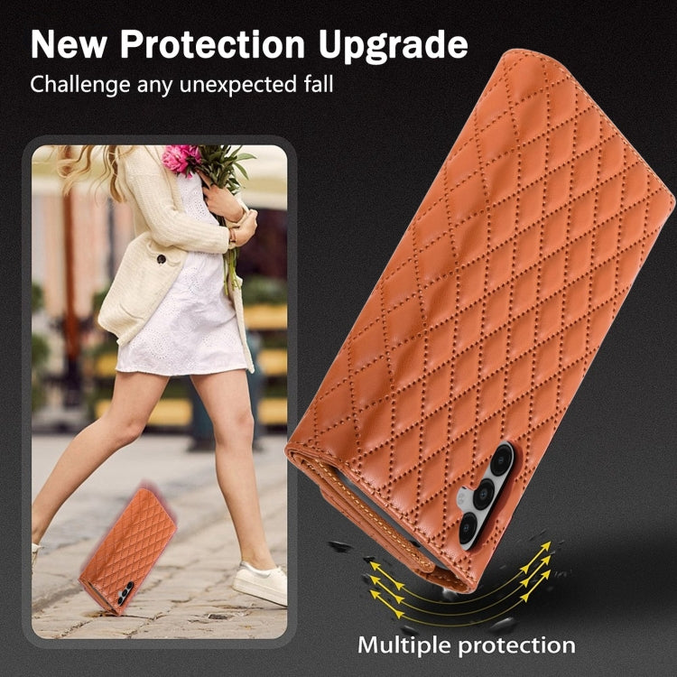 For Samsung Galaxy S24 5G Zipper Multi-Card Wallet Rhombic Leather Phone Case(Brown)
