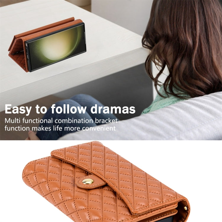 For Samsung Galaxy S23 Ultra 5G Zipper Multi-Card Wallet Rhombic Leather Phone Case(Brown) - Galaxy S23 Ultra 5G Cases by PMC TechLife | Online Shopping South Africa | PMC TechLife