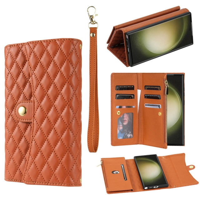 For Samsung Galaxy S23 Ultra 5G Zipper Multi-Card Wallet Rhombic Leather Phone Case(Brown)