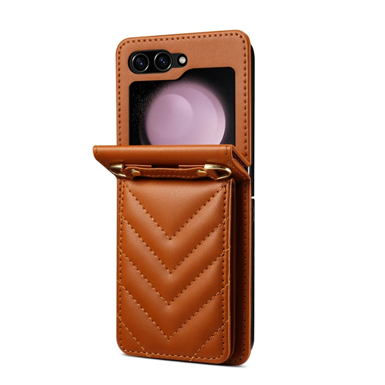 For Samsung Galaxy Z Flip5 Rhombic Folding Leather Phone Case with Long Lanyard(Brown) - Galaxy Z Flip5 Cases by PMC TechLife | Online Shopping South Africa | PMC TechLife
