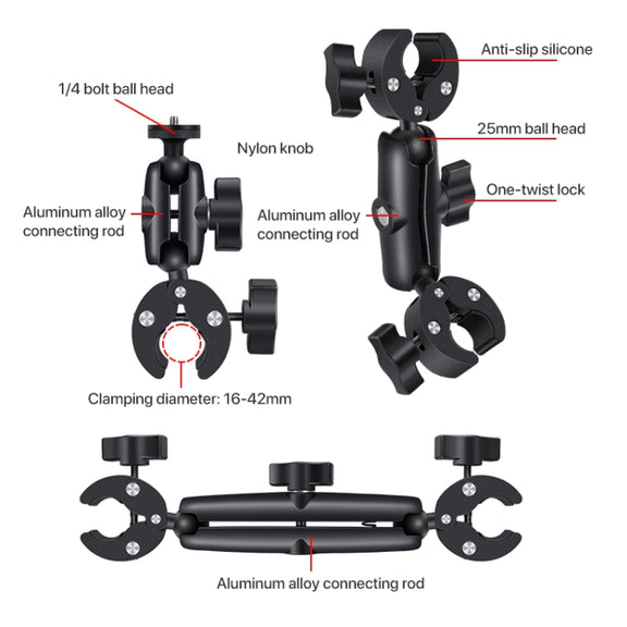 2 x Dual-heads Crab 1 x Single Heads Motorcycle Clamps Handlebar Fixed Mount 3-stage Telescopic Selfie Stick