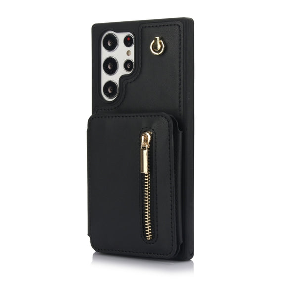 For Samsung Galaxy S24 Ultra 5G YM006 Skin Feel Zipper Card Bag Phone Case with Dual Lanyard(Black)