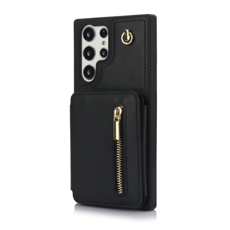 For Samsung Galaxy S24 Ultra 5G YM006 Skin Feel Zipper Card Bag Phone Case with Dual Lanyard(Black)