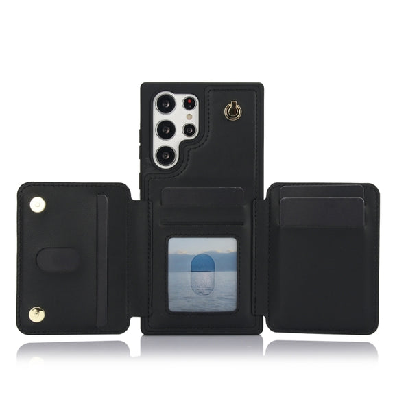For Samsung Galaxy S24 Ultra 5G YM006 Skin Feel Zipper Card Bag Phone Case with Dual Lanyard(Black)