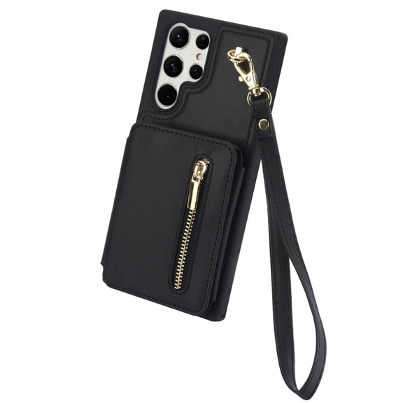 For Samsung Galaxy S24 Ultra 5G YM006 Skin Feel Zipper Card Bag Phone Case with Dual Lanyard(Black)
