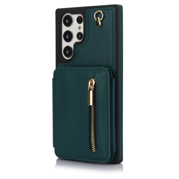 For Samsung Galaxy S24 Ultra 5G YM006 Skin Feel Zipper Card Bag Phone Case with Dual Lanyard(Green)