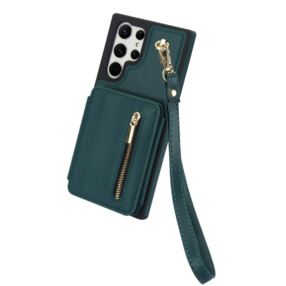 For Samsung Galaxy S24 Ultra 5G YM006 Skin Feel Zipper Card Bag Phone Case with Dual Lanyard(Green)