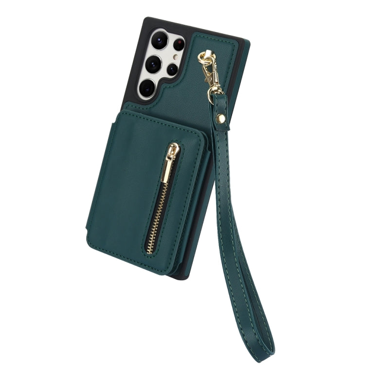 For Samsung Galaxy S24 Ultra 5G YM006 Skin Feel Zipper Card Bag Phone Case with Dual Lanyard(Green)
