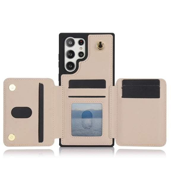 For Samsung Galaxy S24 Ultra 5G YM006 Skin Feel Zipper Card Bag Phone Case with Dual Lanyard(Apricot)