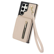 For Samsung Galaxy S24 Ultra 5G YM006 Skin Feel Zipper Card Bag Phone Case with Dual Lanyard(Apricot)