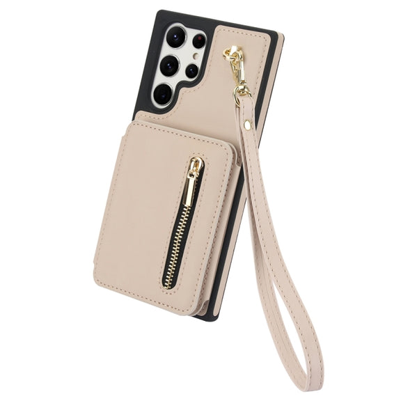 For Samsung Galaxy S24 Ultra 5G YM006 Skin Feel Zipper Card Bag Phone Case with Dual Lanyard(Apricot)