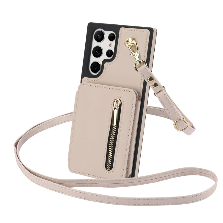For Samsung Galaxy S24 Ultra 5G YM006 Skin Feel Zipper Card Bag Phone Case with Dual Lanyard(Apricot)