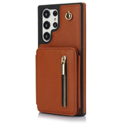 For Samsung Galaxy S24 Ultra 5G YM006 Skin Feel Zipper Card Bag Phone Case with Dual Lanyard(Brown)