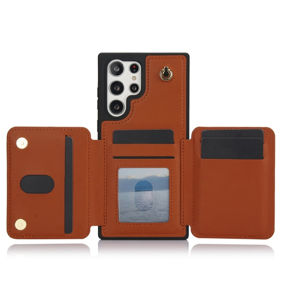 For Samsung Galaxy S24 Ultra 5G YM006 Skin Feel Zipper Card Bag Phone Case with Dual Lanyard(Brown)