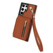 For Samsung Galaxy S24 Ultra 5G YM006 Skin Feel Zipper Card Bag Phone Case with Dual Lanyard(Brown)