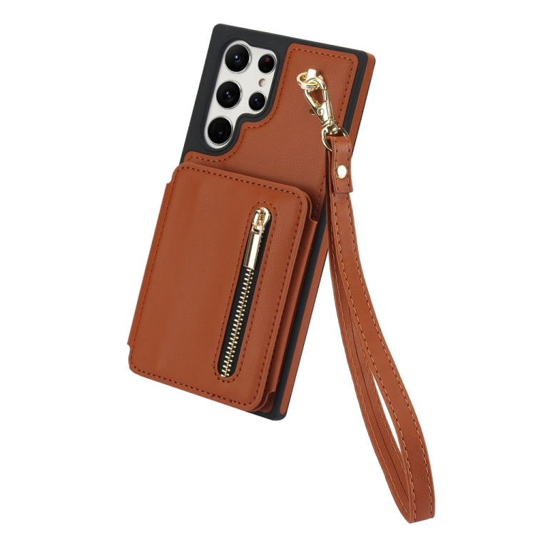 For Samsung Galaxy S24 Ultra 5G YM006 Skin Feel Zipper Card Bag Phone Case with Dual Lanyard(Brown)